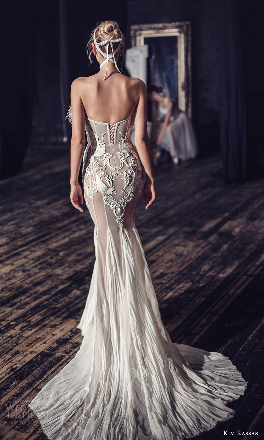 kim kassas fall 2021 bridal strapless crumbcatcher feather neckline embellished sheath wedding dress chapel train (8) bv kim kassas fall 2021 bridal strapless crumbcatcher feather neckline embellished sheath wedding dress chapel train (8) bv