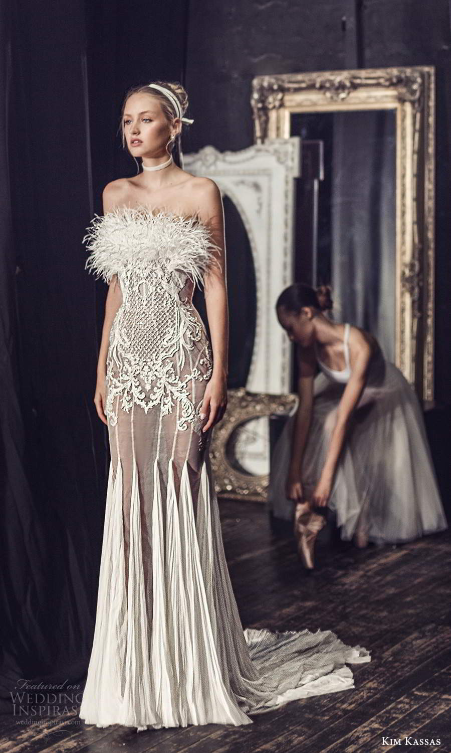 kim kassas fall 2021 bridal strapless crumbcatcher feather neckline embellished sheath wedding dress chapel train (8) mv kim kassas fall 2021 bridal strapless crumbcatcher feather neckline embellished sheath wedding dress chapel train (8) mv