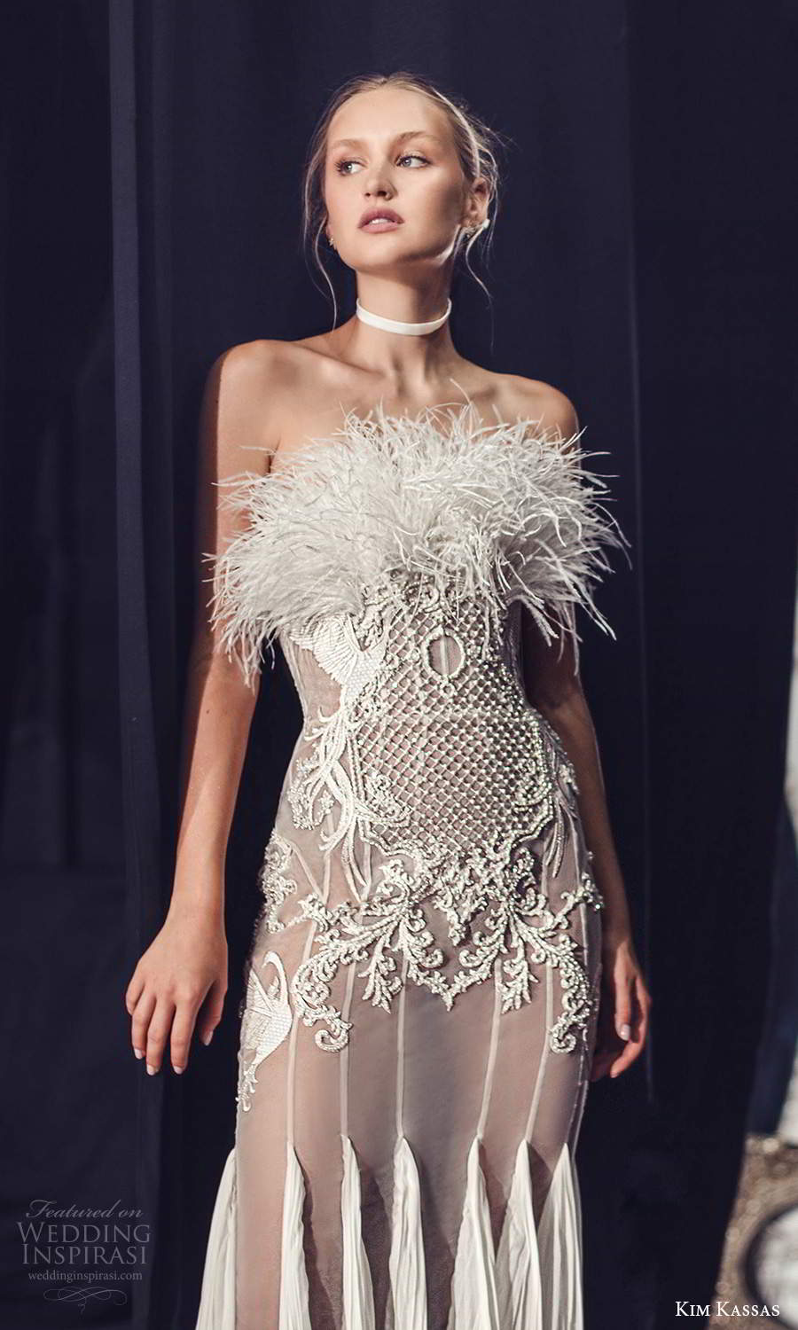 kim kassas fall 2021 bridal strapless crumbcatcher feather neckline embellished sheath wedding dress chapel train (8) zv