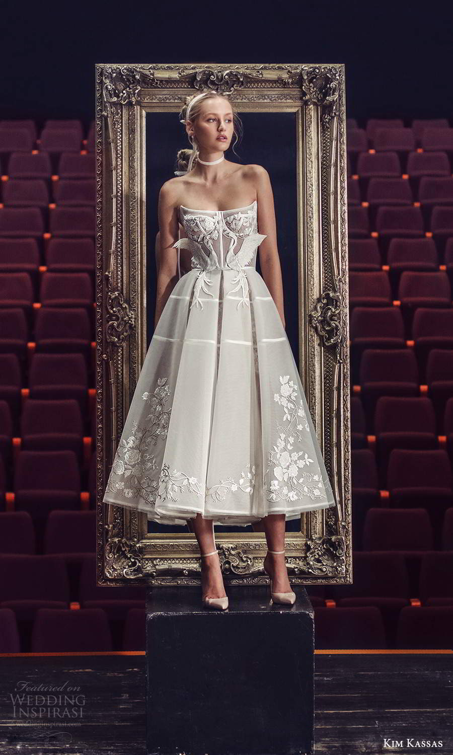 kim kassas fall 2021 bridal strapless scoop neckline embellished bodice a line ball gown tea length wedding dress (3) fv