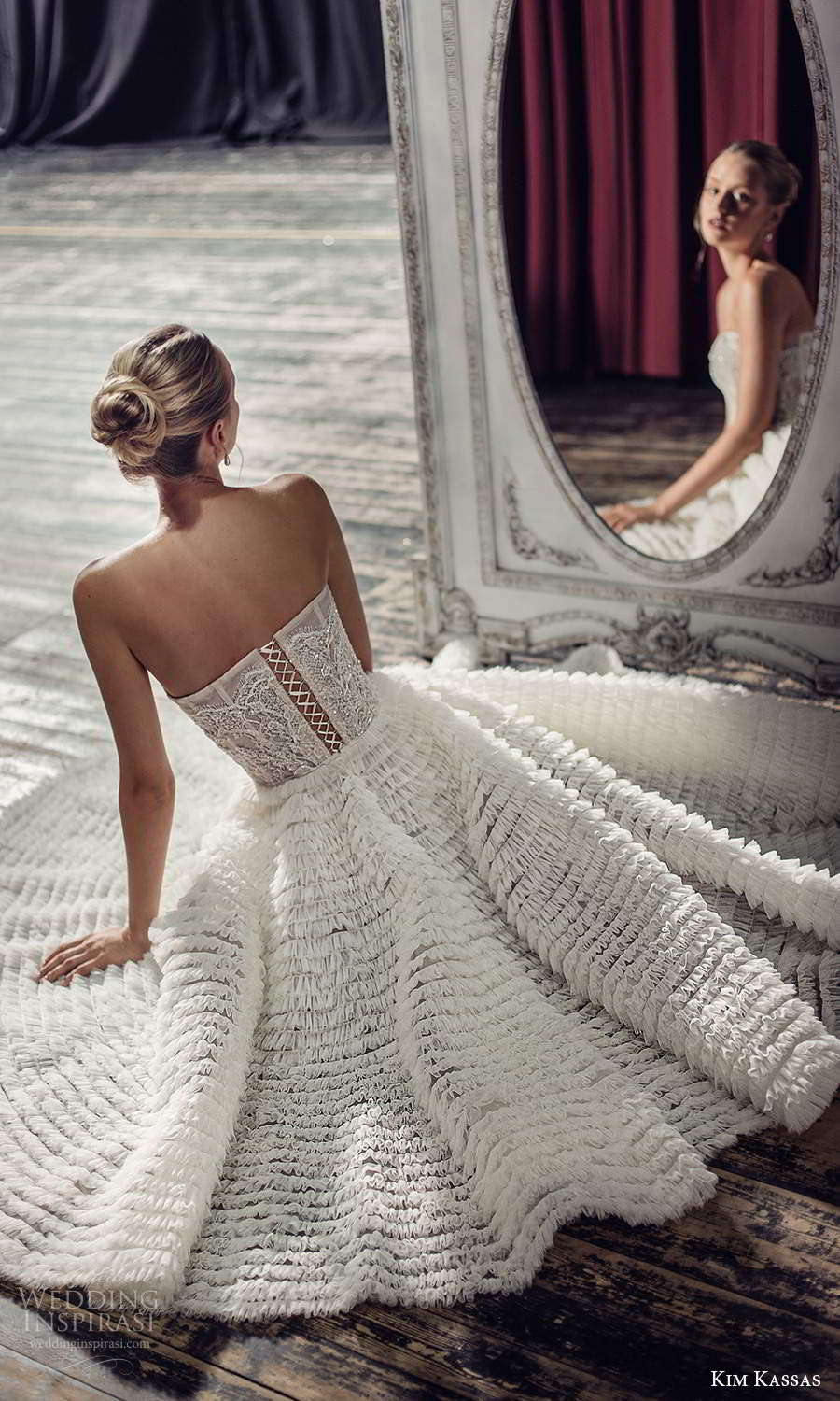 kim kassas fall 2021 bridal strapless semi sweetheart neckline fully embellished a line tea length wedding dress ruffle skirt (14) bv kim kassas fall 2021 bridal strapless semi sweetheart neckline fully embellished a line tea length wedding dress ruffle skirt (14) bv
