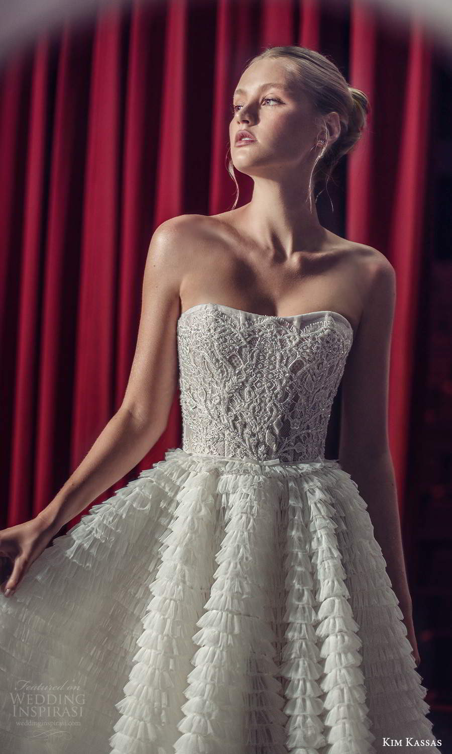 kim kassas fall 2021 bridal strapless semi sweetheart neckline fully embellished a line tea length wedding dress ruffle skirt (14) zv kim kassas fall 2021 bridal strapless semi sweetheart neckline fully embellished a line tea length wedding dress ruffle skirt (14) zv