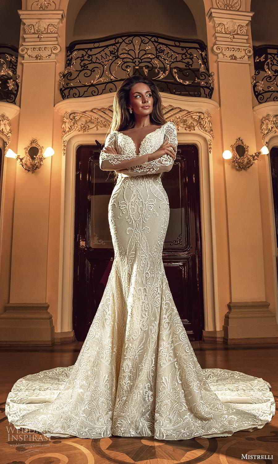 mistrelli 2021 innamorata bridal long sleeves plunging sweetheart neckline fully embellished fit flare mermaid wedding dress chapel train (10) mv