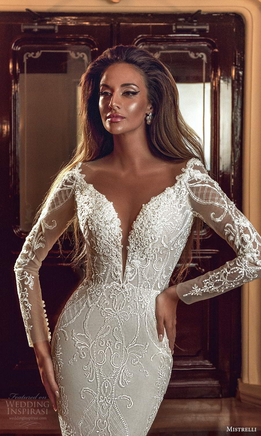 mistrelli 2021 innamorata bridal long sleeves plunging sweetheart neckline fully embellished fit flare mermaid wedding dress chapel train (10) zv