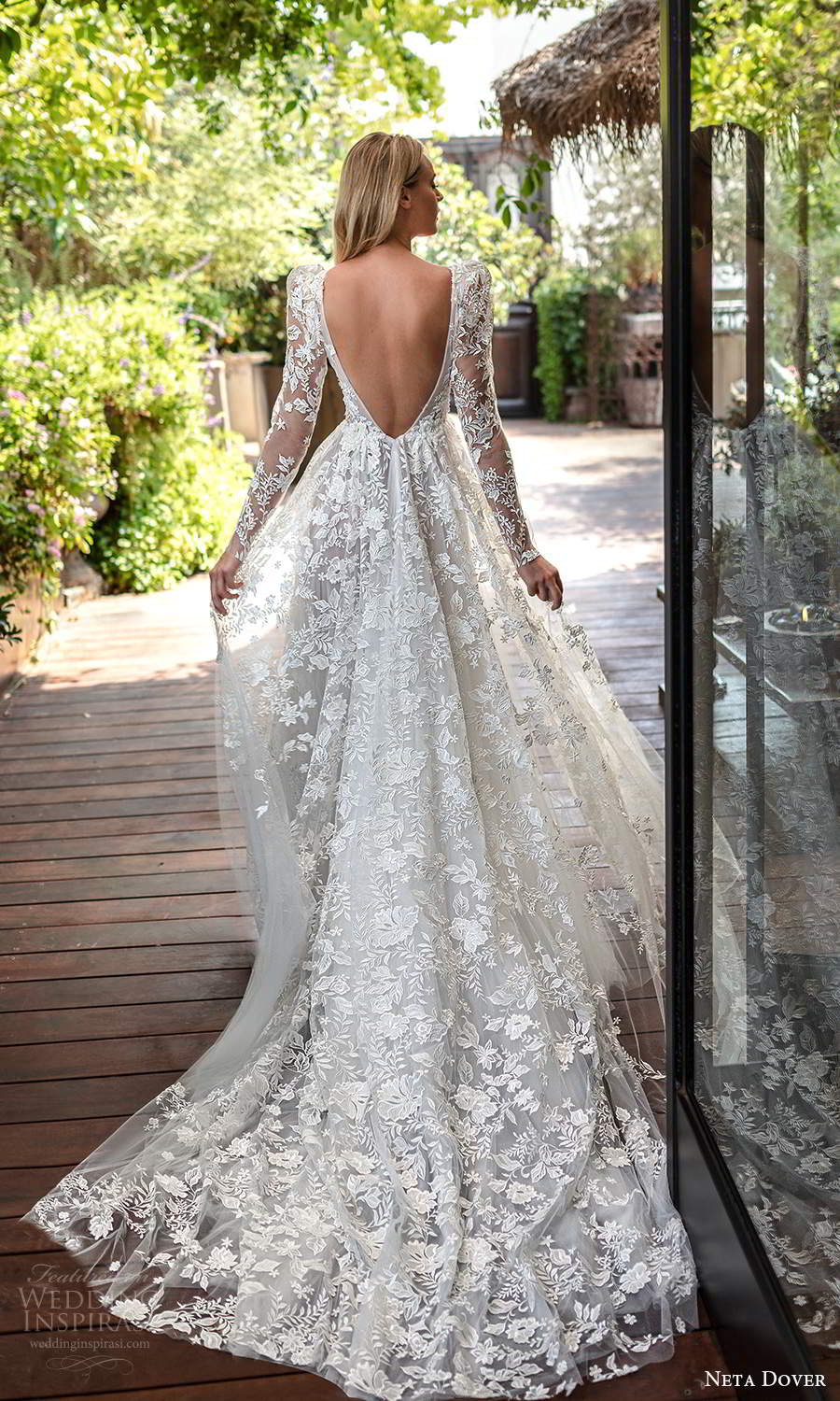 neta dover fall 2020 bridal long puff sleeves plunging v neckline fully embellished a line ball gown wedding dress chapel train (3) bv