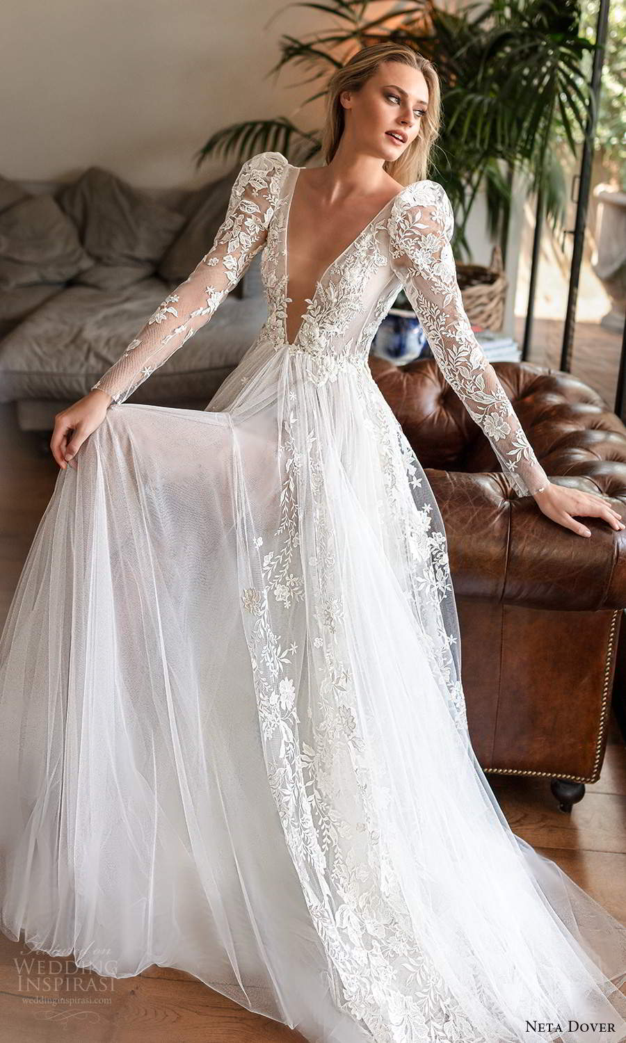 neta dover fall 2020 bridal long puff sleeves plunging v neckline fully embellished a line ball gown wedding dress chapel train (3) fv