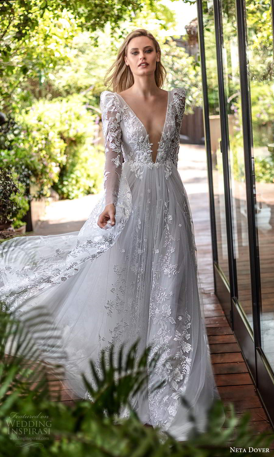 neta dover fall 2020 bridal long puff sleeves plunging v neckline fully embellished a line ball gown wedding dress chapel train (3) mv