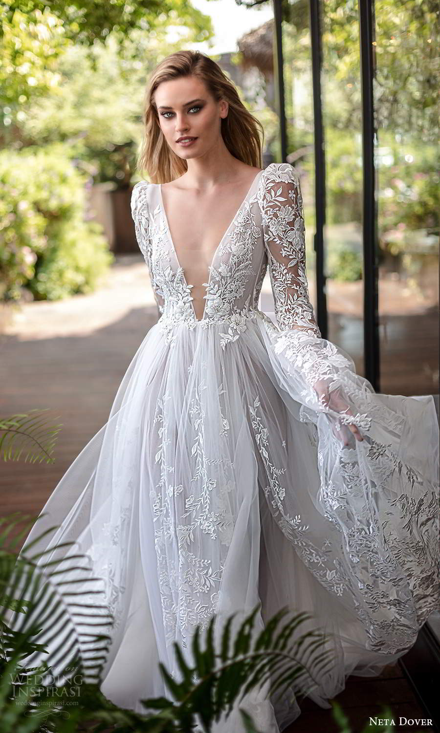 neta dover fall 2020 bridal long puff sleeves plunging v neckline fully embellished a line ball gown wedding dress chapel train (3) zv