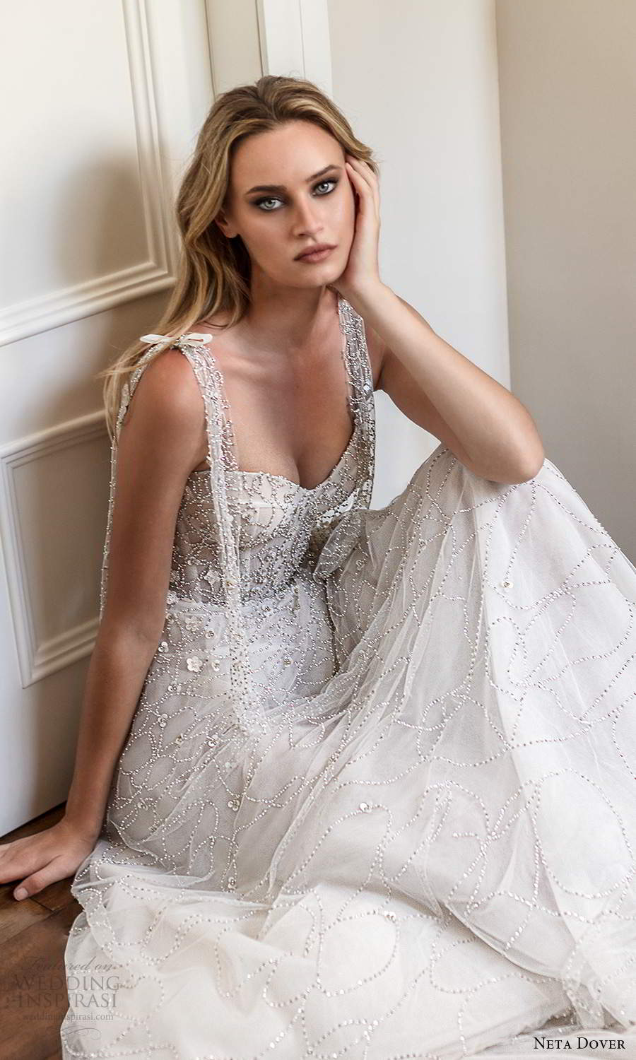 neta dover fall 2020 bridal sleeveless straps sweetheart neckline corset bodice fully embellished a line ball gown wedding dress chapel train (9) zv