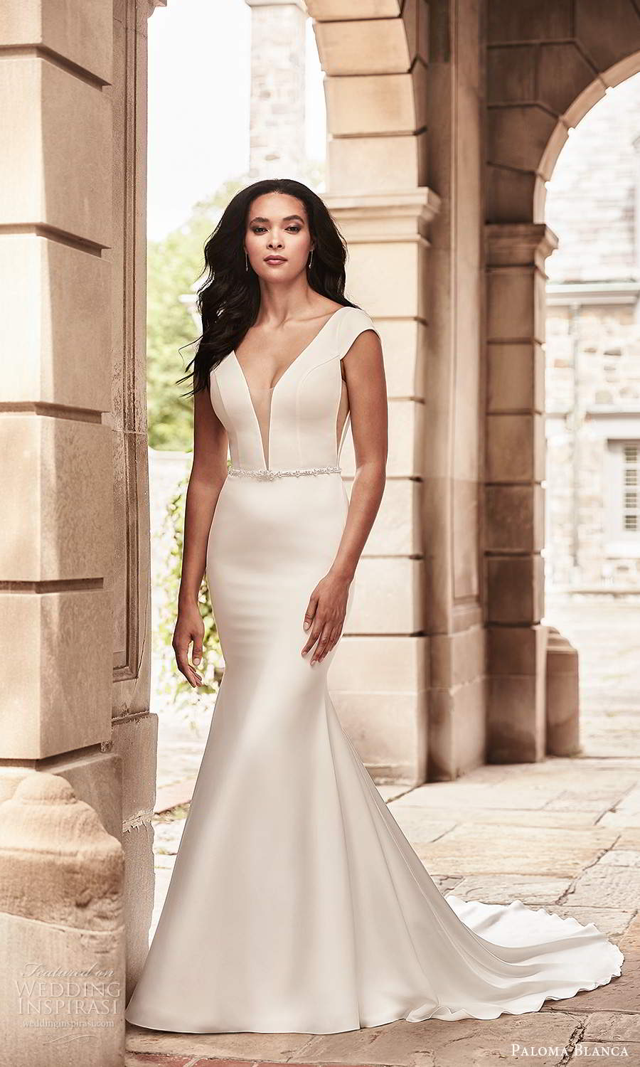 paloma blanca spring 2021 bridal cap sleeves plunging v neckline clean minimalist fit flare mermaid wedding dress chapel train v back (7) mv