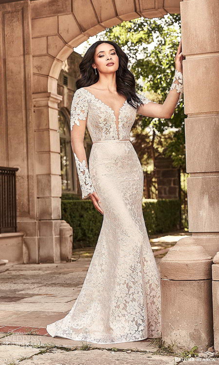 paloma blanca spring 2021 bridal illusion long sleeves plunging v neckline fully embellished lace mermaid sheath wedding dress chapel train (3) mv