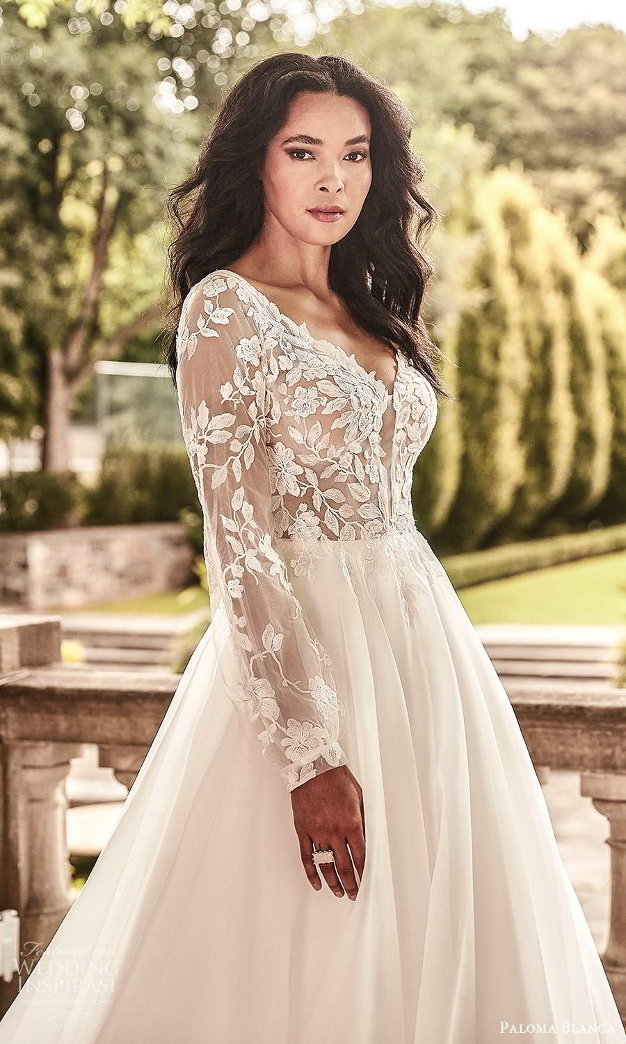 paloma blanca spring 2021 bridal sheer long bishop sleeves v neckline embellished lace bodice a line ball gown wedding dress chapel train v back (4) zv