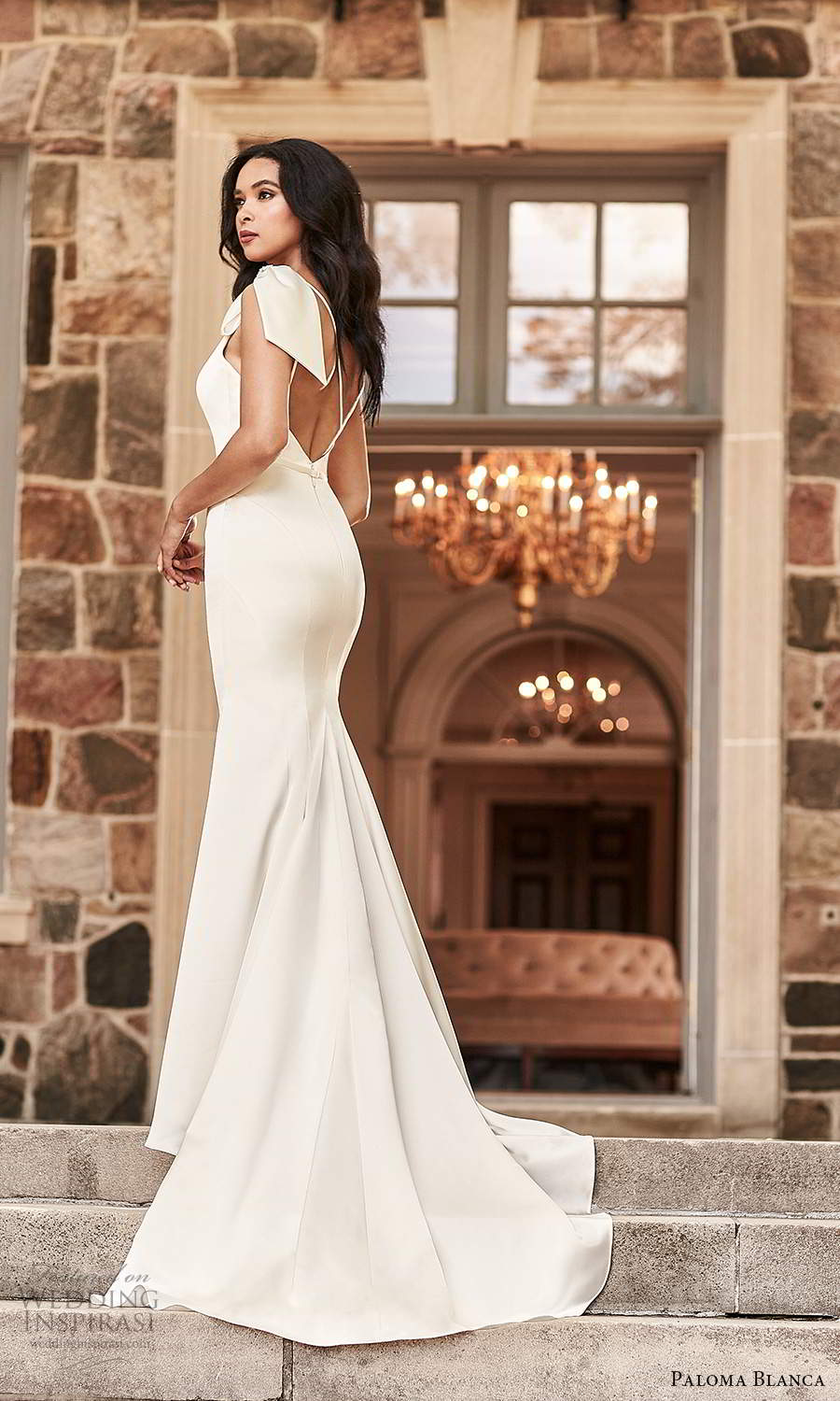 paloma blanca spring 2021 bridal sleeveless one shoulder strap asymmetric neckline clean minimalist fit flare mermaid wedding dress chapel train (2) bv