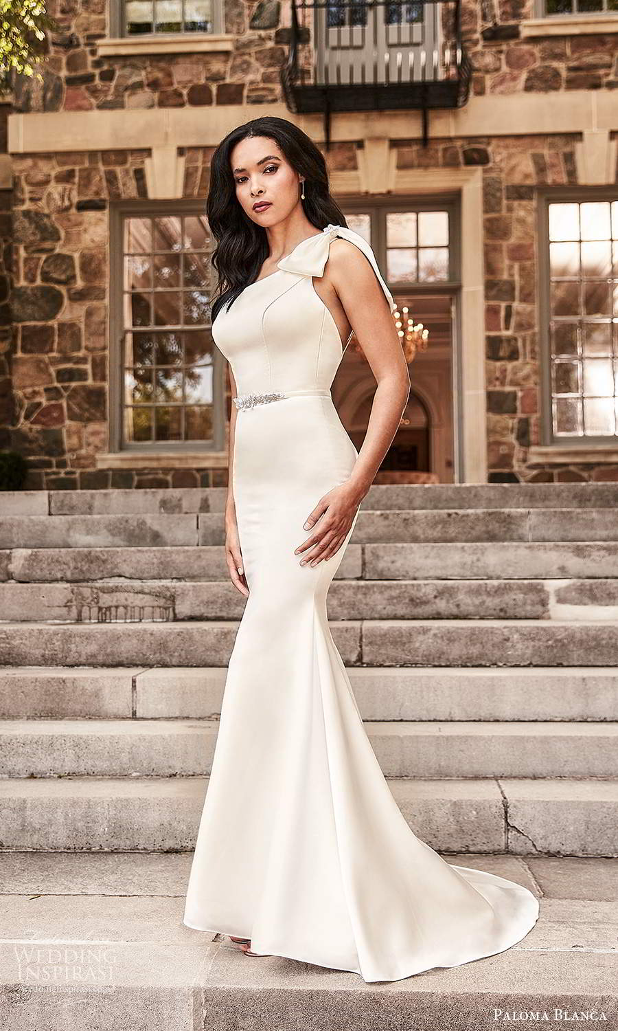 paloma blanca spring 2021 bridal sleeveless one shoulder strap asymmetric neckline clean minimalist fit flare mermaid wedding dress chapel train (2) mv