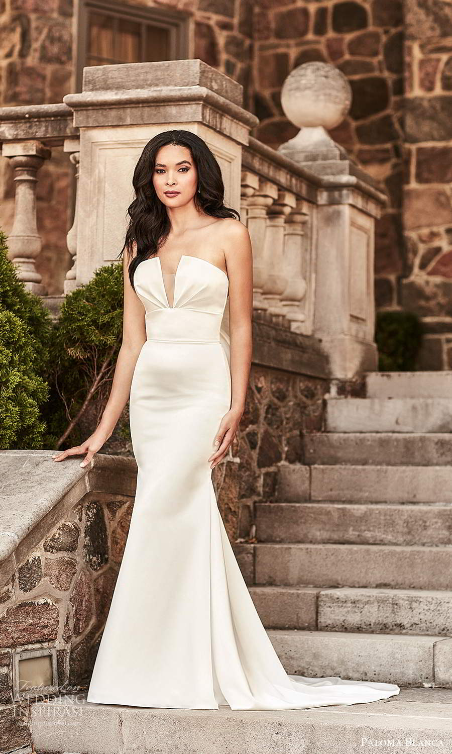 paloma blanca spring 2021 bridal strapless split crumbcatcher neckline clean minimalist mermaid wedding dress chapel train (5) mv