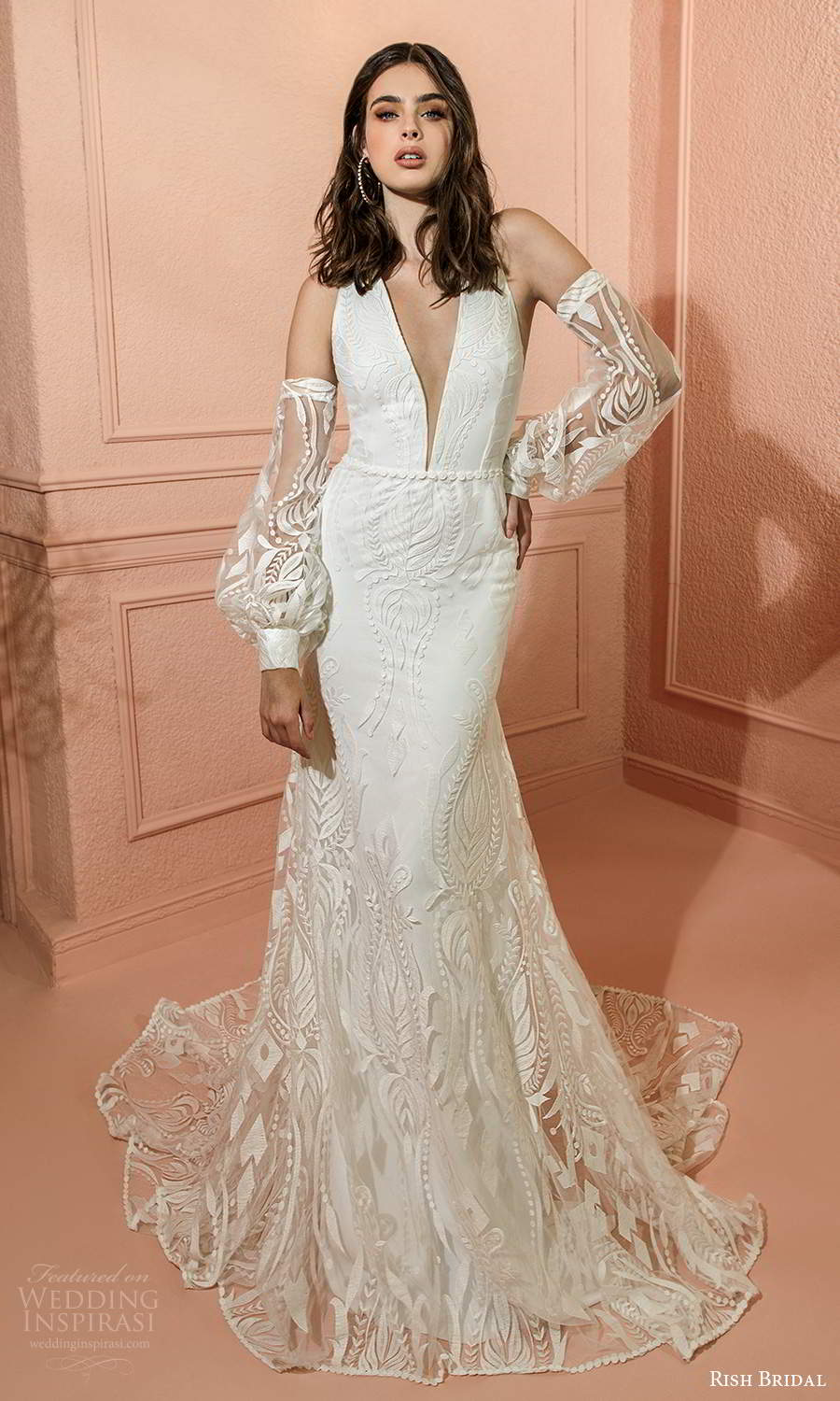 rish bridal 2021 bridal detached bishop sleeves sleeveless thick straps plunging v neckline fully embellished fit flare mermaid wedding dress chapel train (12) mv