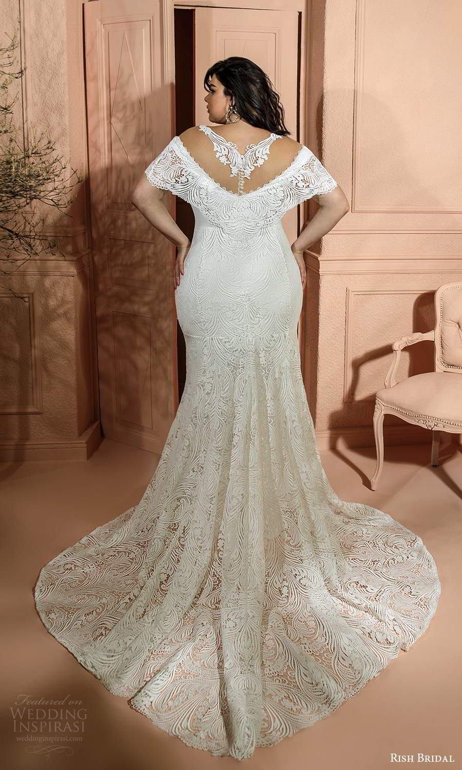 rish bridal 2021 bridal flutter sleeves off shoulder plunging v neckline fully embellished lace sheath wedding dress chapel train (4) bv