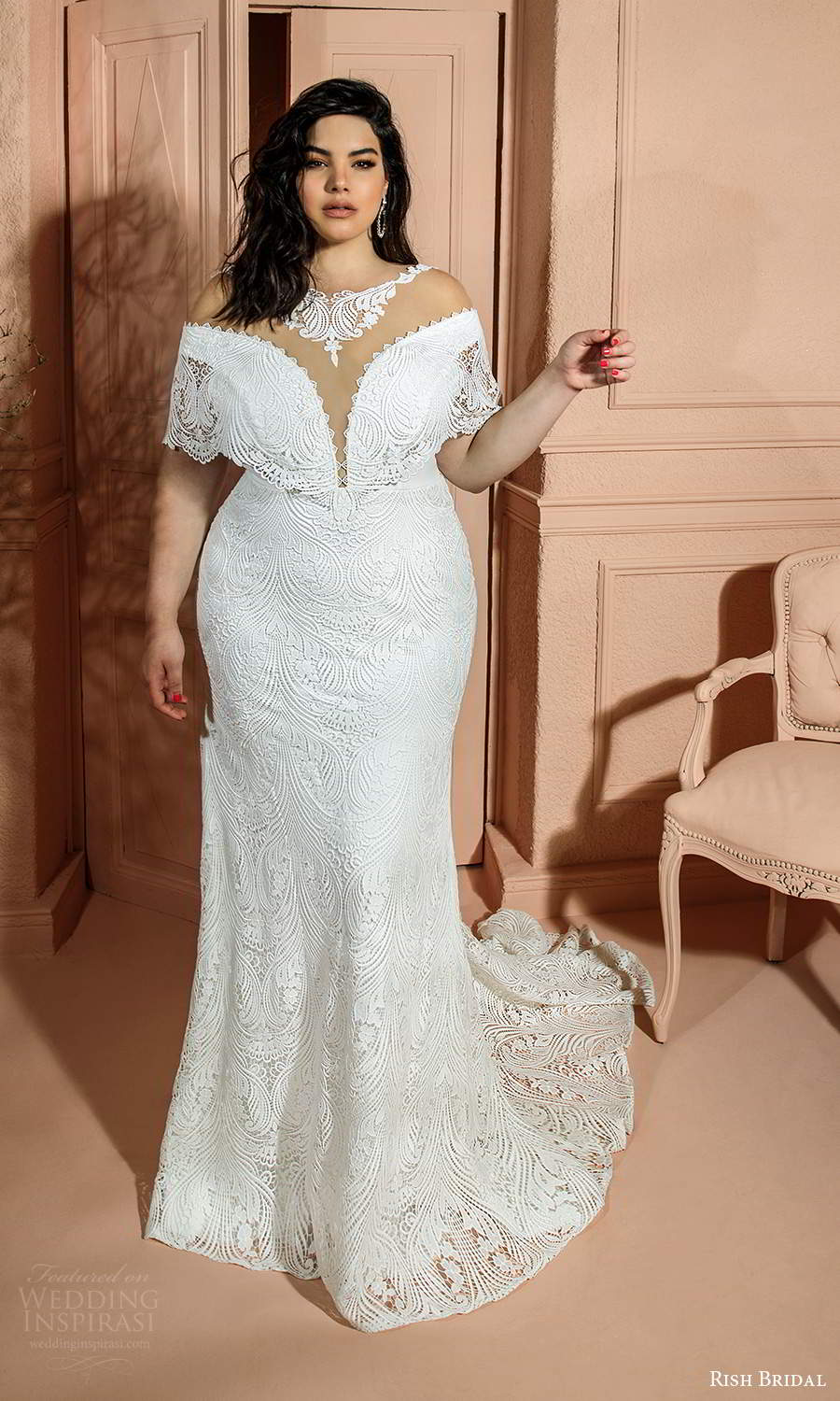 rish bridal 2021 bridal flutter sleeves off shoulder plunging v neckline fully embellished lace sheath wedding dress chapel train (4) mv