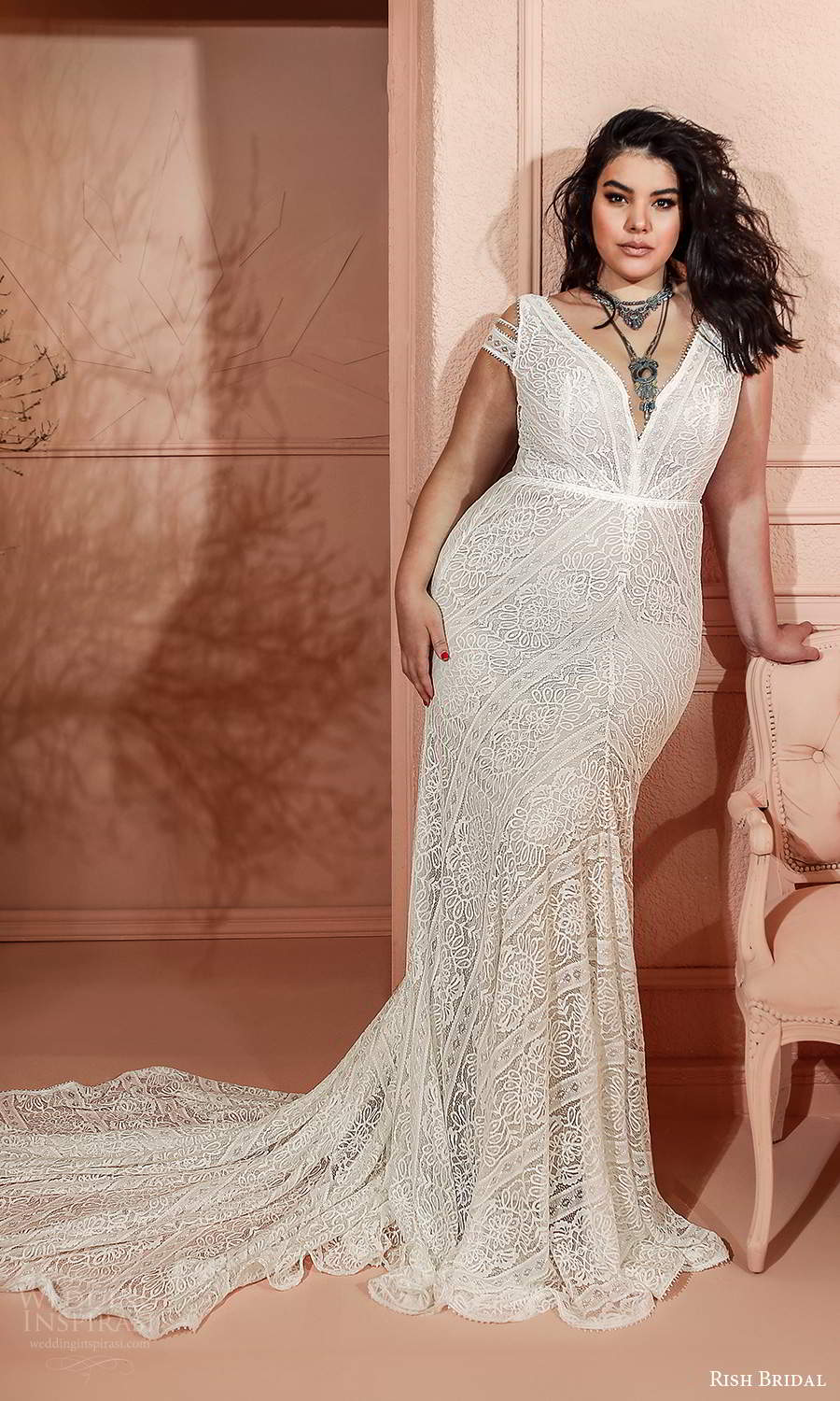 rish bridal 2021 bridal off shoulder strap plunging v neckline fully embellished lace sheath wedding dress chapel train (18) mv