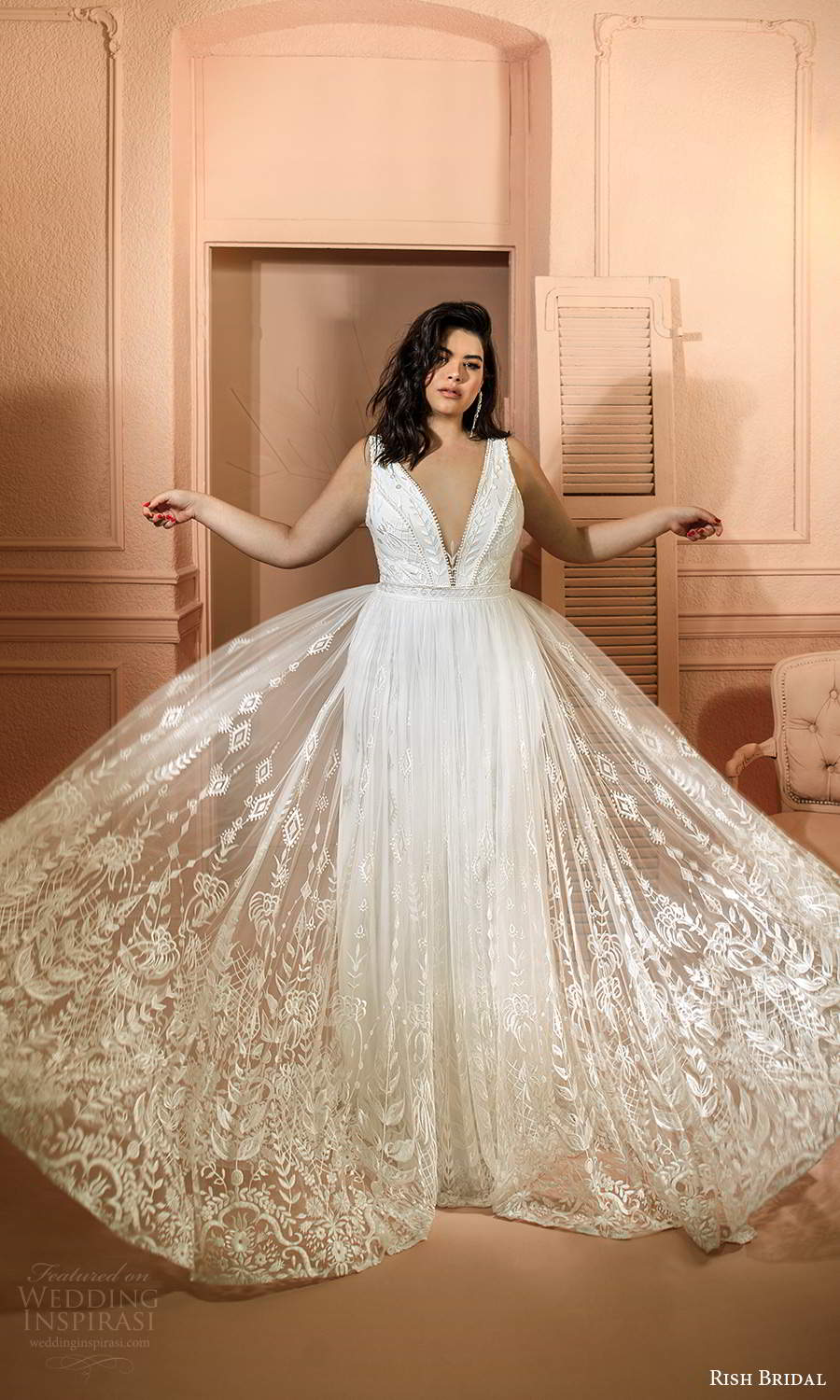 rish bridal 2021 bridal sleeveless thick straps plunging v neckline fully embellished a line lace ball gown plus wedding dress chapel train (5) mv