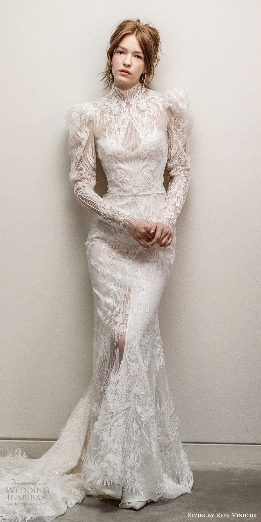 rivini rita vinieris fall 2021 bridal long puff sleeves high neckline fully embellished lace sheath wedding dress chapel train keyout back (1) mv