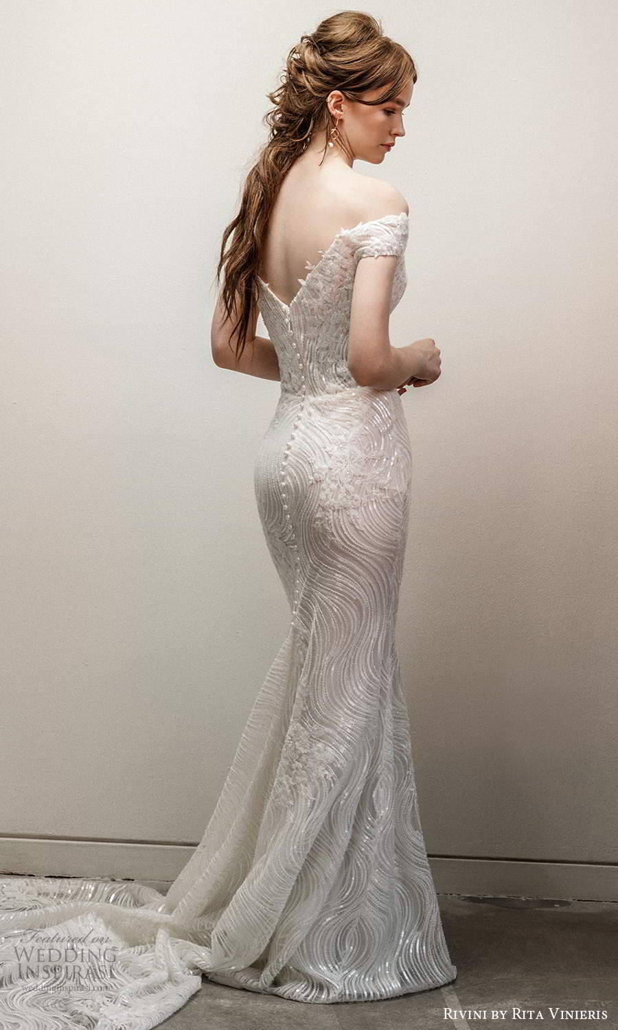 rivini rita vinieris fall 2021 bridal off shoulder straps neckline fully embellished lace sheath wedding dress chapel train (6) bv