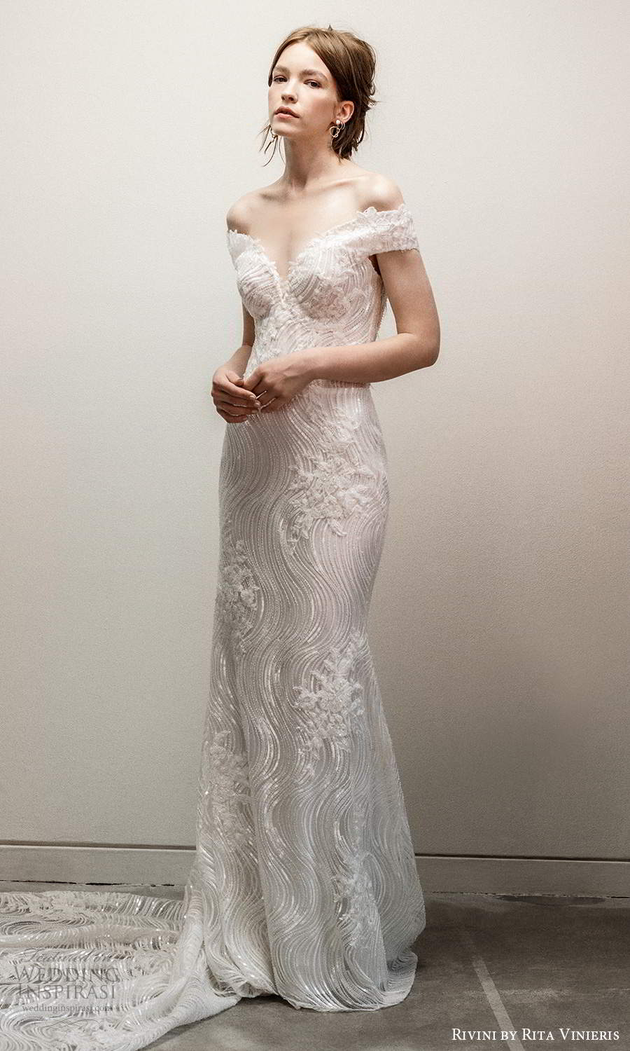 rivini rita vinieris fall 2021 bridal off shoulder straps neckline fully embellished lace sheath wedding dress chapel train (6) mv