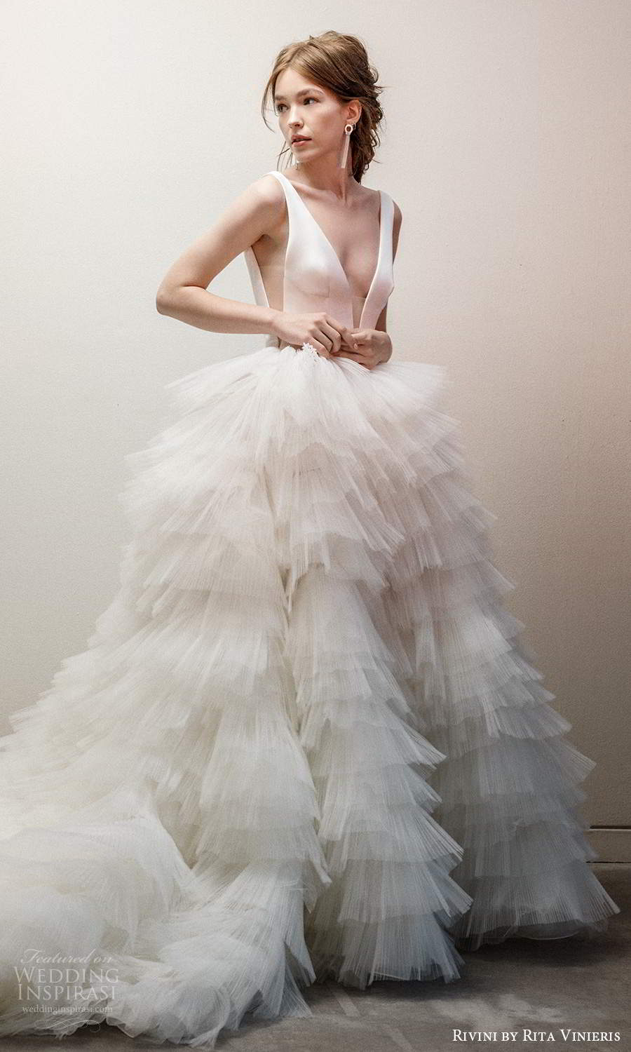 rivini rita vinieris fall 2021 bridal sleeveless straps plunging v neckline clean bodice a line ball gown wedding dress ruffle skirt chapel train (4) mv