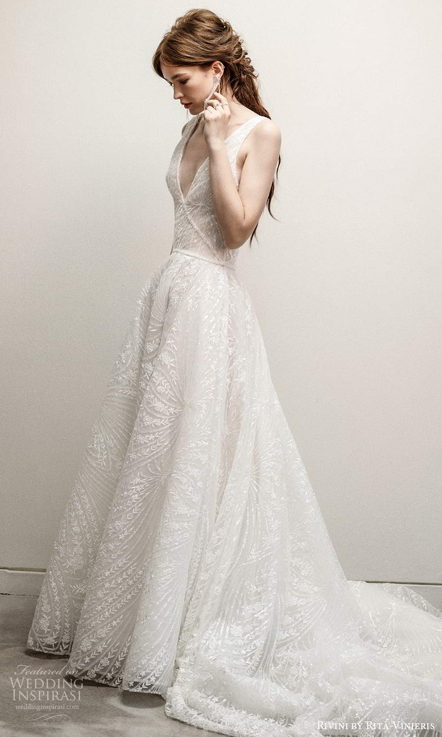 rivini rita vinieris fall 2021 bridal sleeveless straps plunging v neckline fully embellished a line ball gown wedding dress chapel train (12) mv rivini rita vinieris fall 2021 bridal sleeveless straps plunging v neckline fully embellished a line ball gown wedding dress chapel train (12) mv