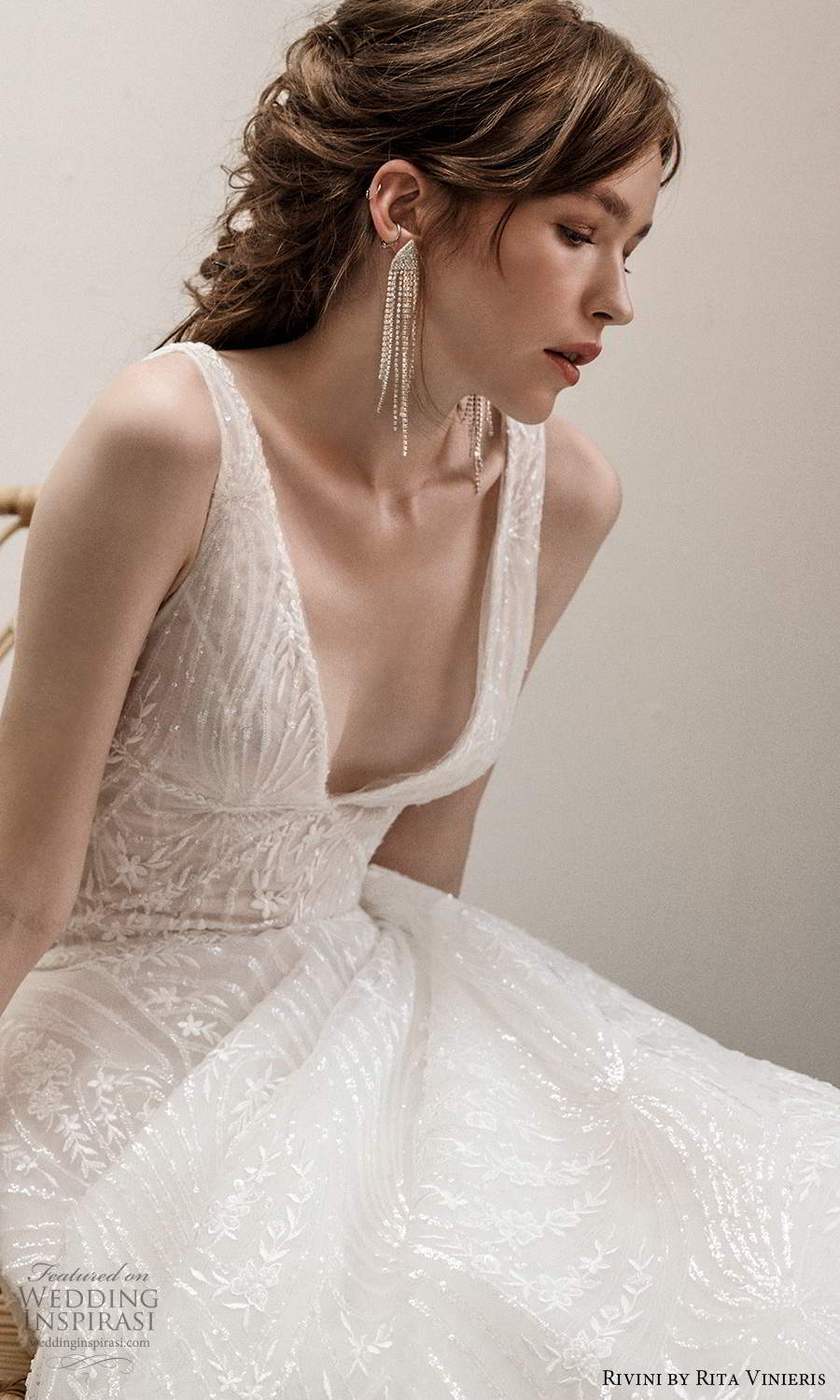 rivini rita vinieris fall 2021 bridal sleeveless straps plunging v neckline fully embellished a line ball gown wedding dress chapel train (12) zv