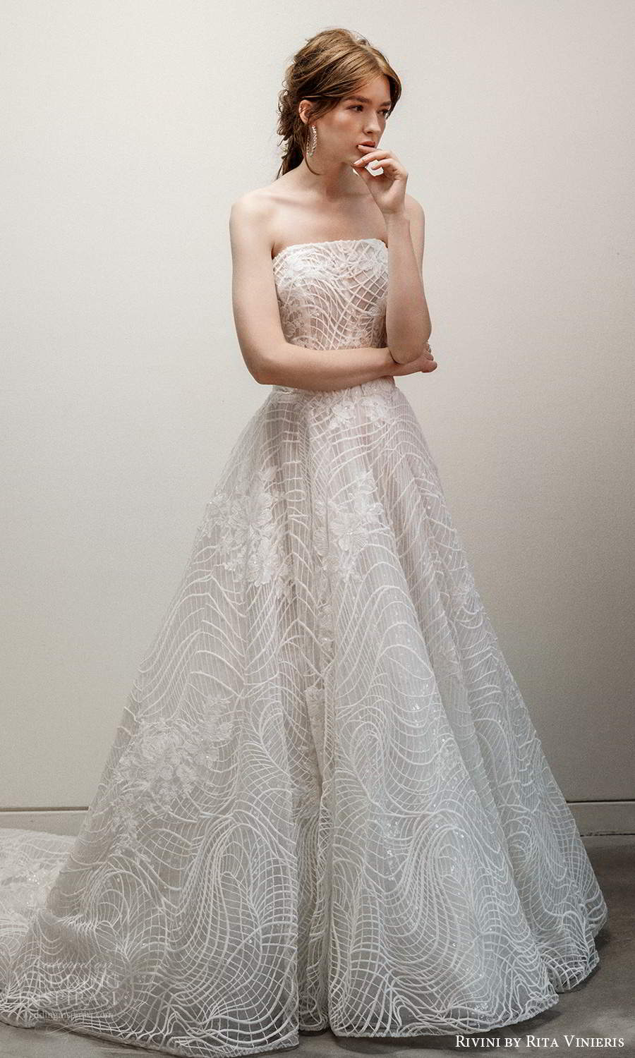 rivini rita vinieris fall 2021 bridal strapless straight across neckline fully embellished a line ball gown wedding dress chapel train (5) mv