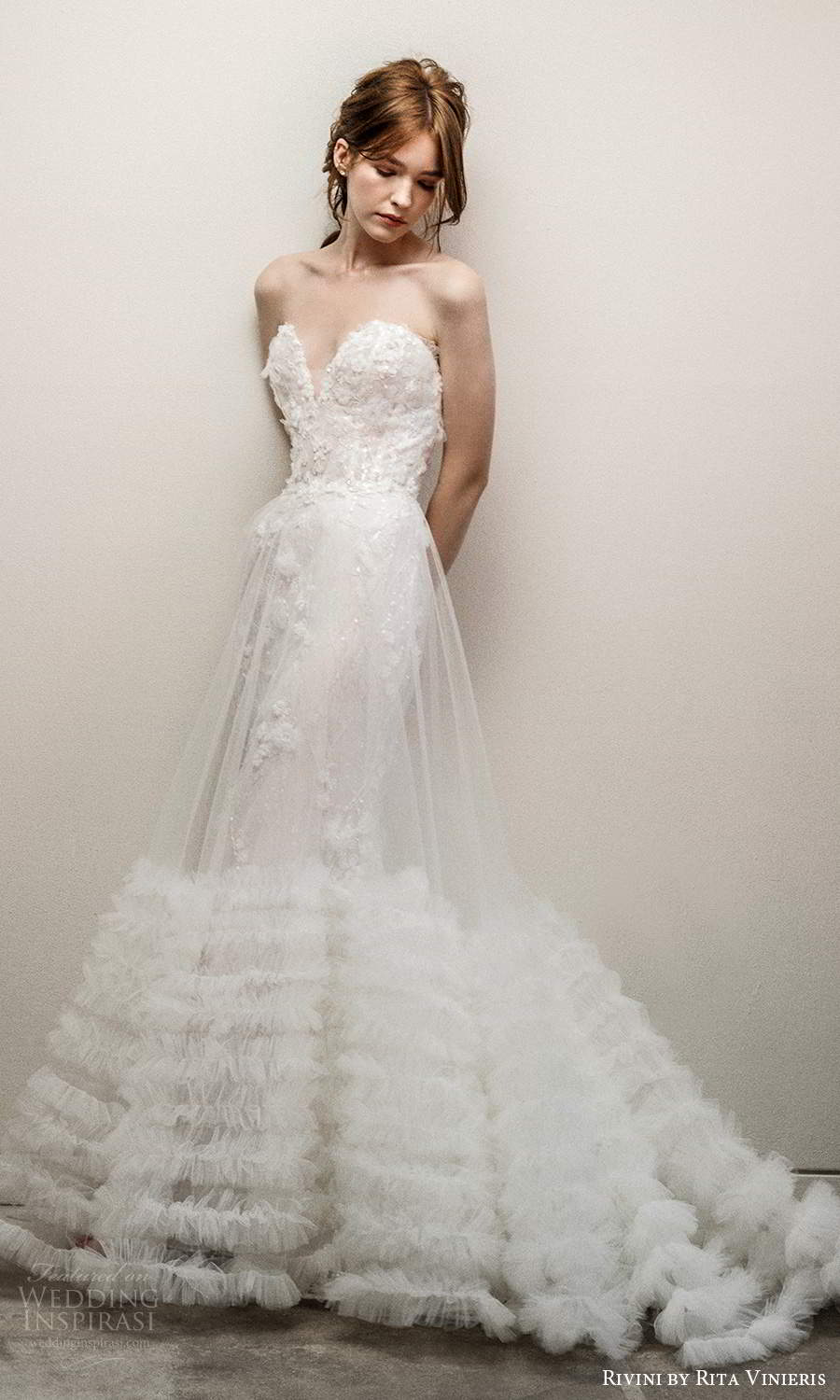 rivini rita vinieris fall 2021 bridal strapless sweetheart neckline fully embellished a line ball gown wedding dressa sheer overskirt chapel train (2) mv