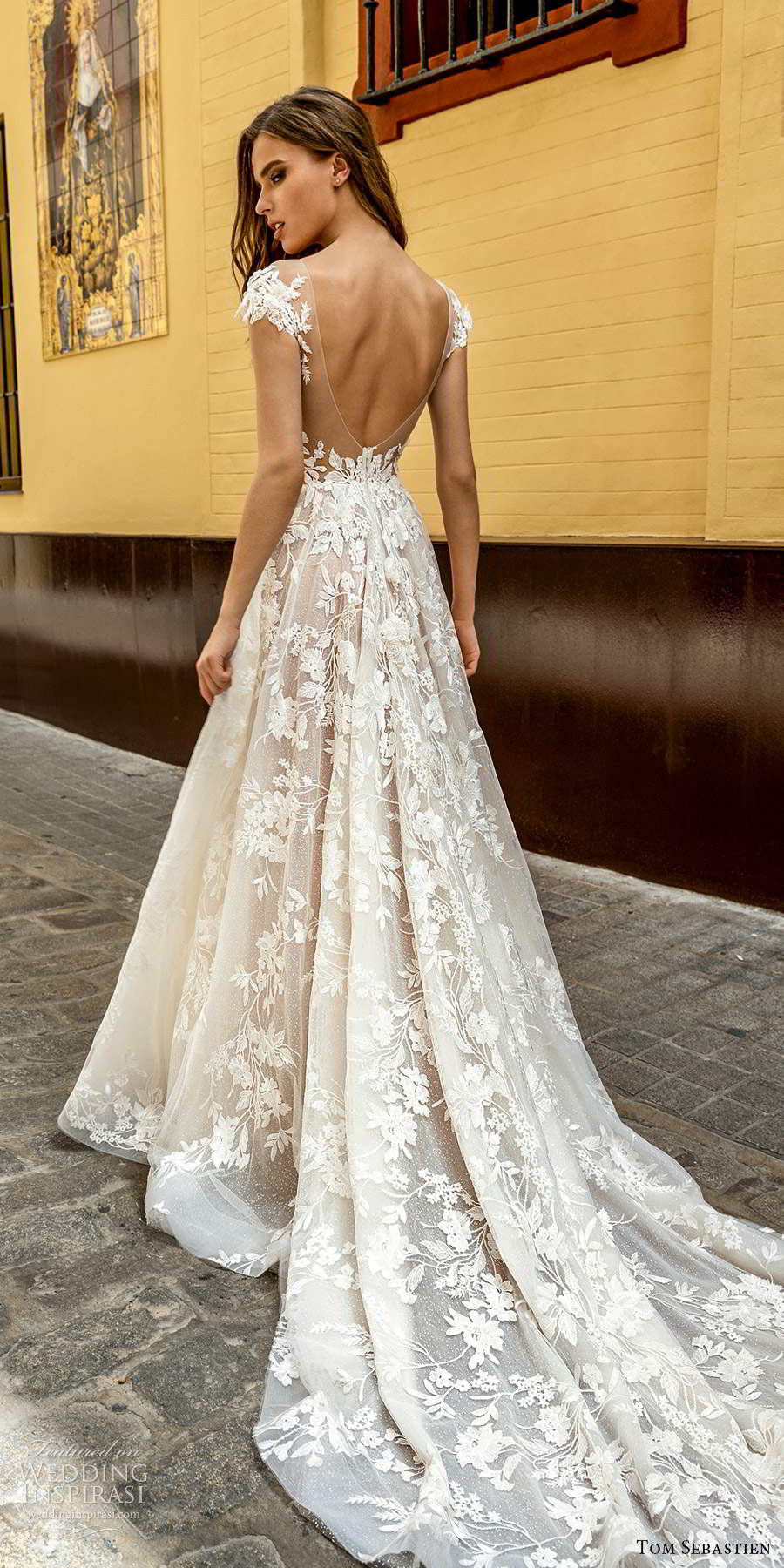 tom sebastien 2021 bridal cap sleeves plunging v neckline fully embellished lace a line ball gown wedding dress chapel train (19) bv