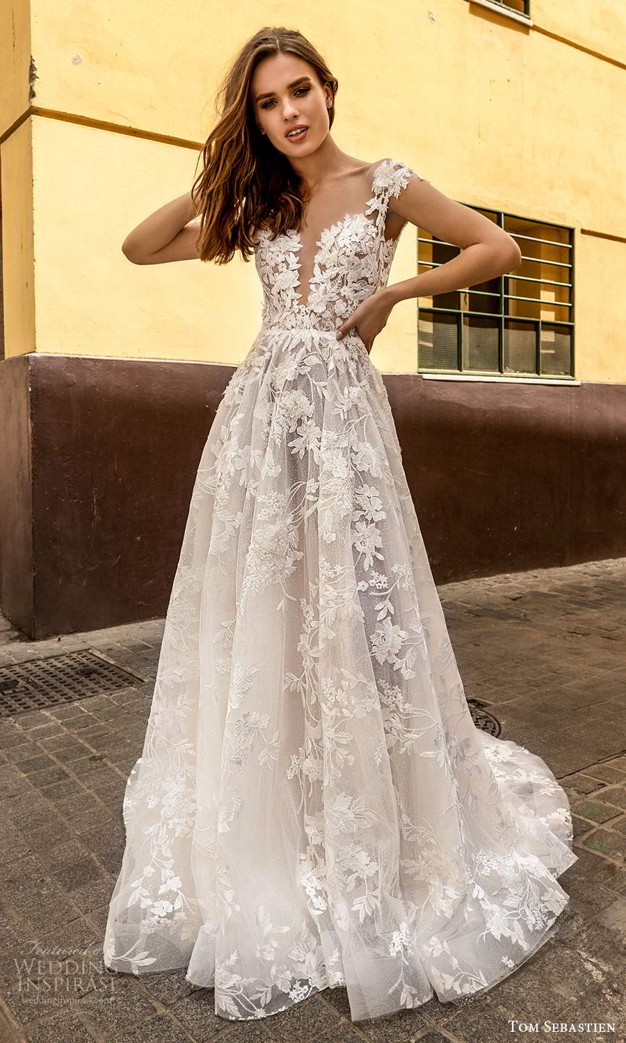 tom sebastien 2021 bridal cap sleeves plunging v neckline fully embellished lace a line ball gown wedding dress chapel train (19) mv