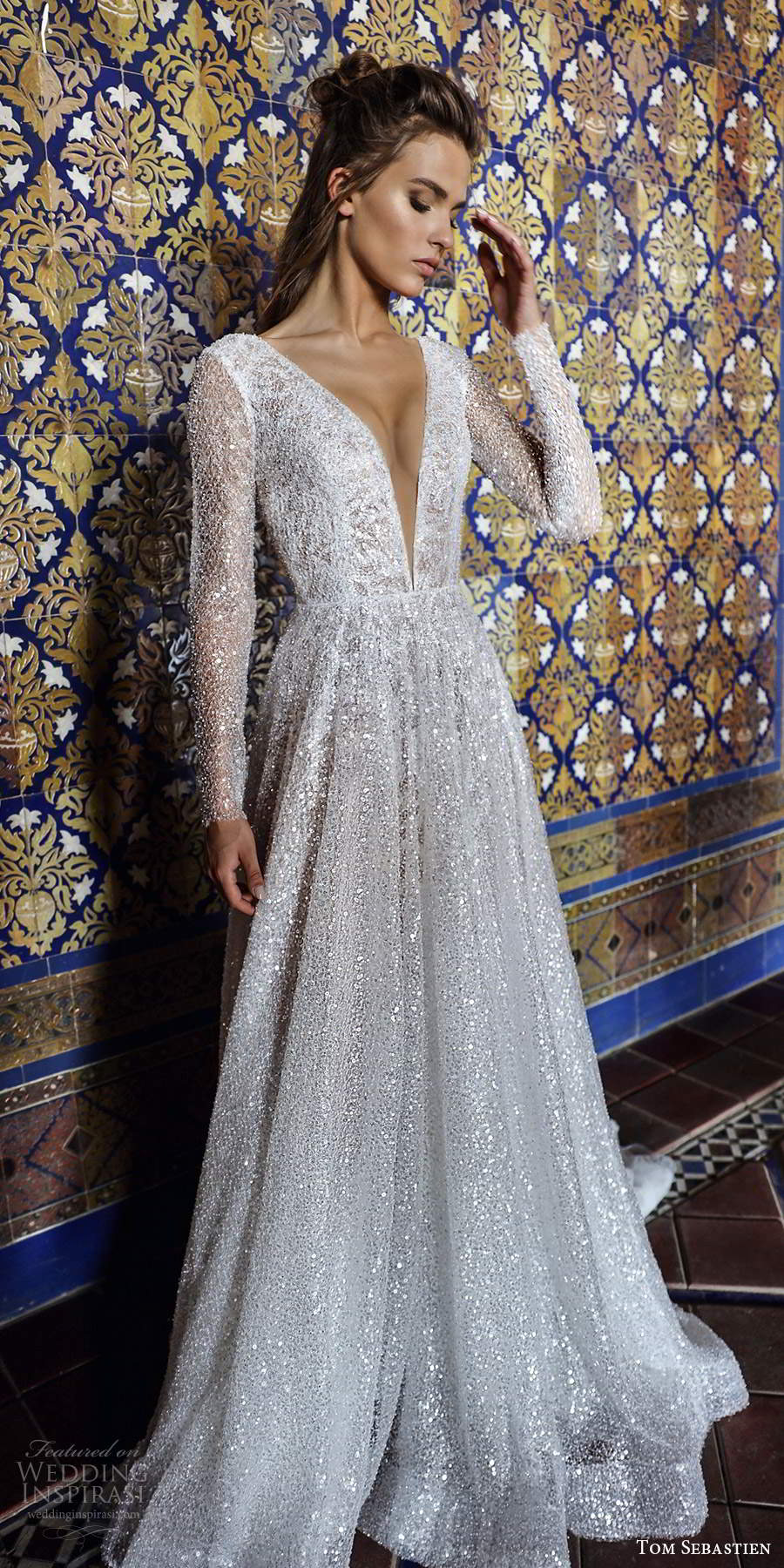 tom sebastien 2021 bridal long sleeve plunging v neckline fully embellished glitzy a line wedding dress chapel train (12) mv