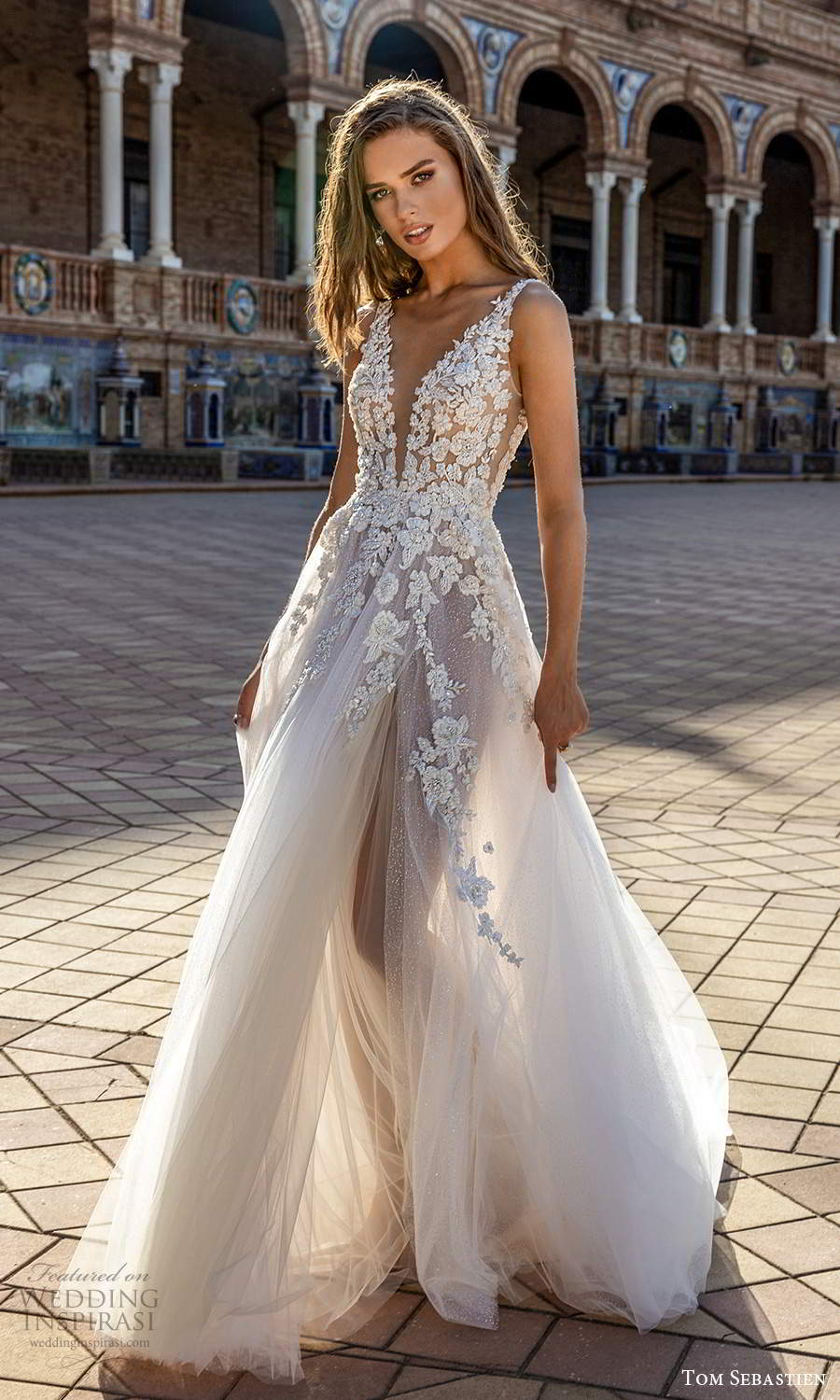 tom sebastien 2021 bridal sleeveless straps plunging v neckline heavily embellished bodice a line ball gown wedding dress chapel train sheer skirt (21) mv