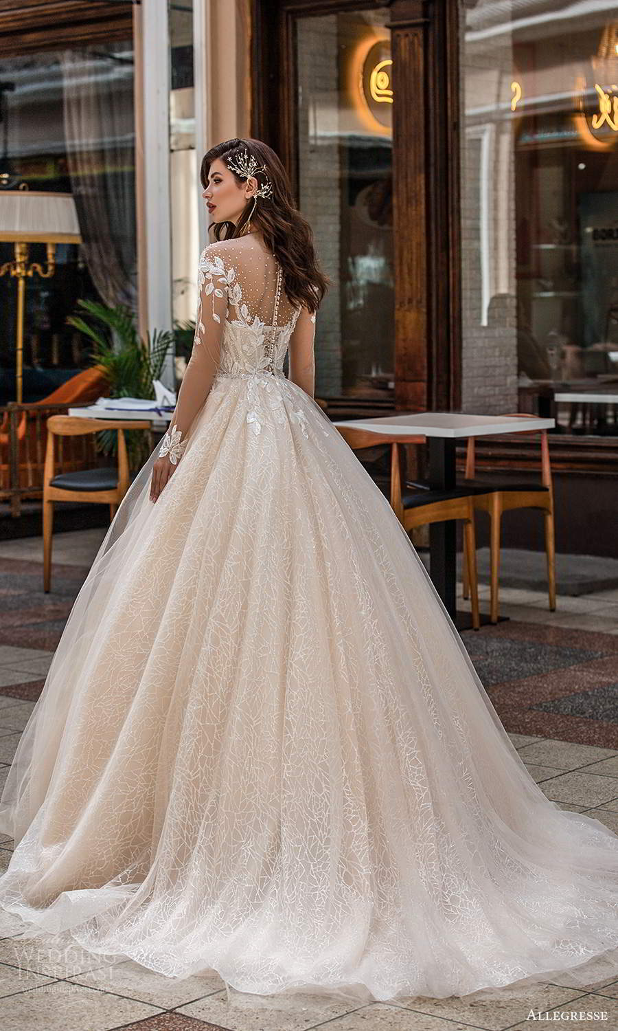 allegresse 2021 bridal illusion long sleeves off shoulder sweetheart neckline embellished bodice a line ball gown wedding dress chapel train blush champagne (9) bv