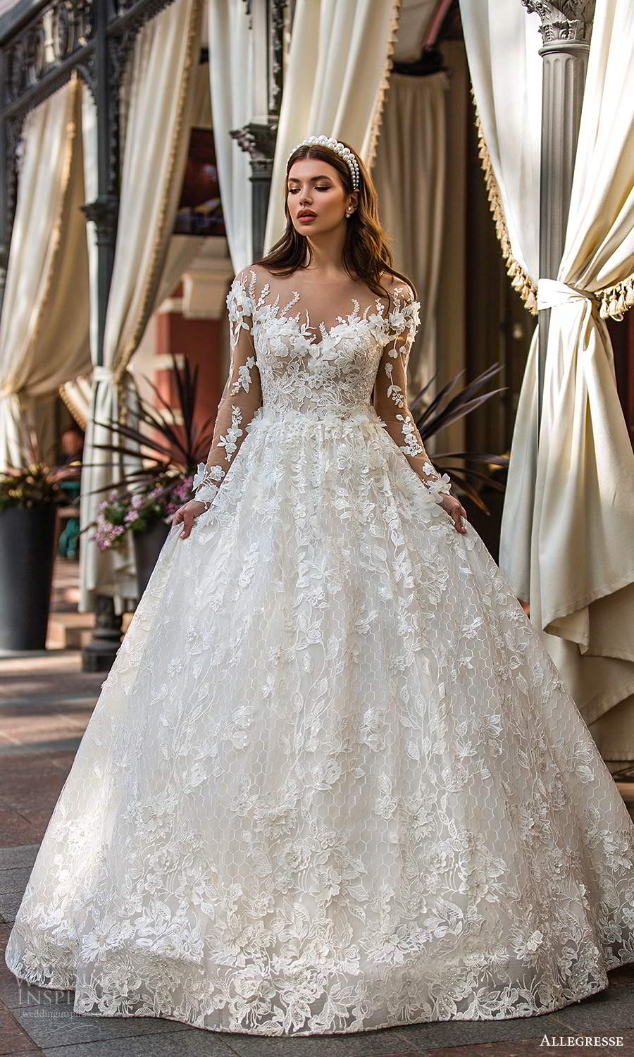 allegresse 2021 bridal illusion long sleeves off shoulder sweetheart neckline fully embellished a line ball gown wedding dress chapel train (5) mv