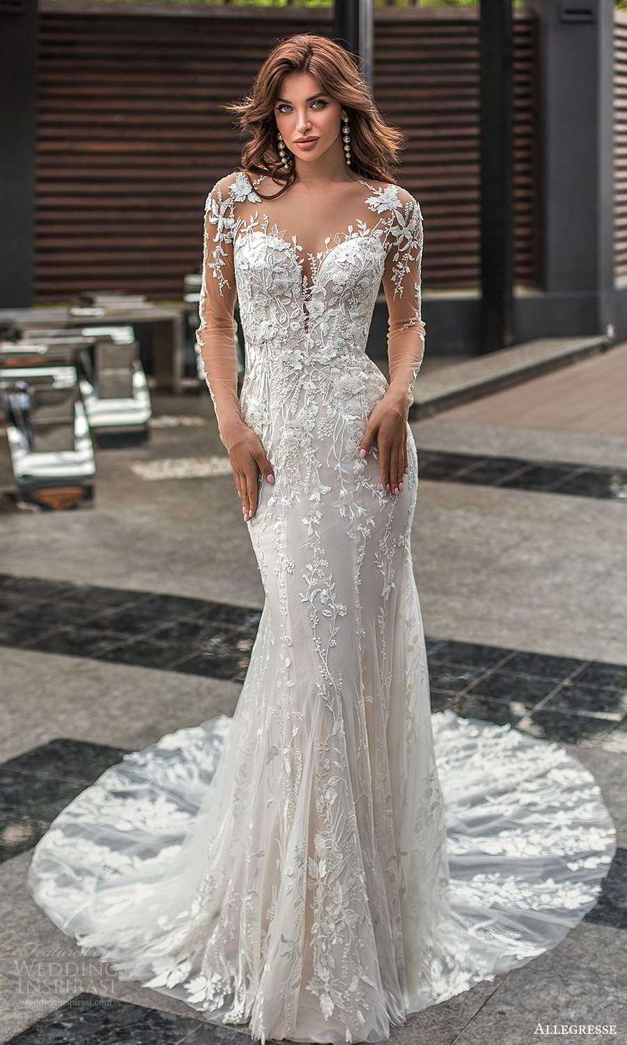 allegresse 2021 bridal illusion long sleeves plunging sweetheart neckline fully embellished sheath wedding dress chapel train (2) mv