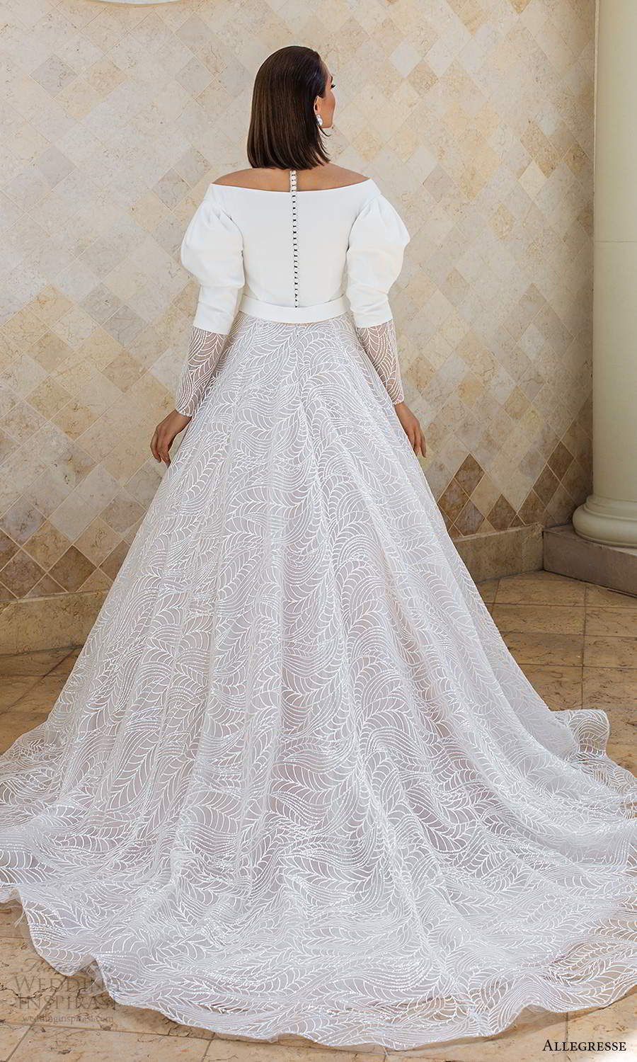 allegresse 2021 bridal long puff sleeves off shoulder v neckline clean bodice a line ball gown wedding dress chapel train (13) bv