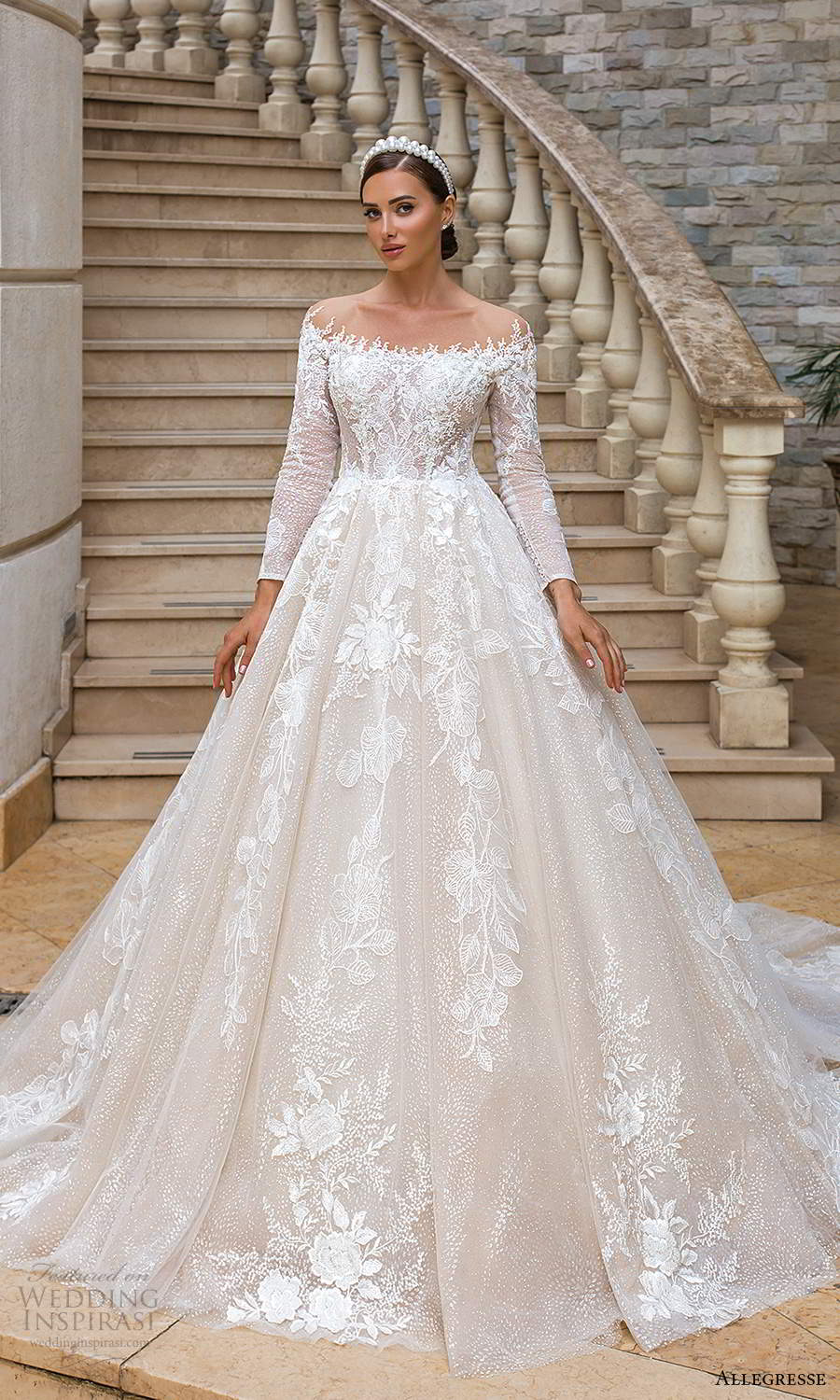 allegresse 2021 bridal long sleeves off shoulder neckline fully embellished a line ball gown princess wedding dress chapel train (14) mv