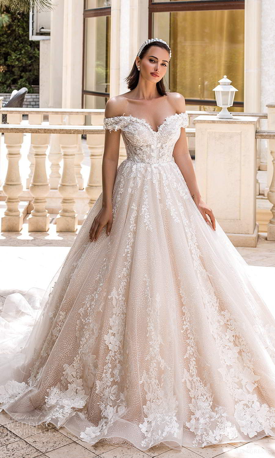 allegresse 2021 bridal off shoulder straps sweetheart neckline fully embellished a line ball gown wedding dress chapel train blush champagne (11) mv