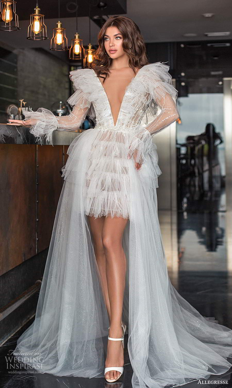 allegresse 2021 bridal sheer long sleeve plunging v neckline short wedding dress a line overskirt chapel train (1) mv