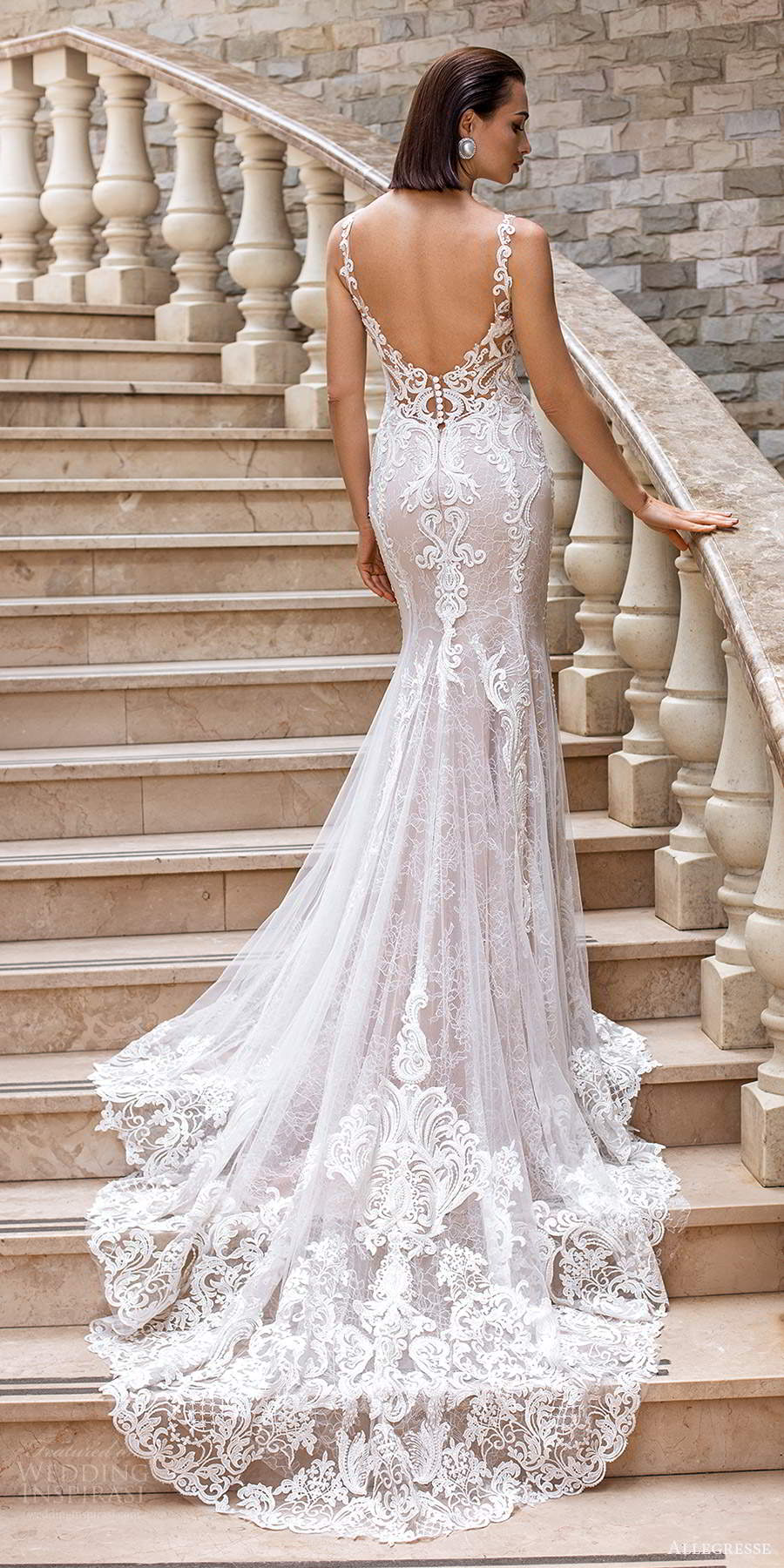 allegresse 2021 bridal sleeveless straps plunging sweetheart neckline fully embellished lace fit flare mermaid wedding dress chapel train blush scoop back (8) bv