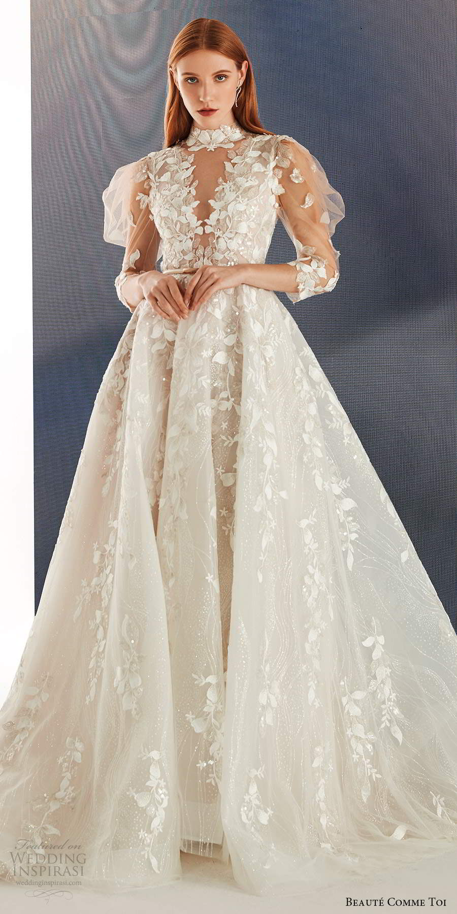 beaute comme toi fall 2021 bridal illusion puff sleeves high neckline cutout bodice fully embellished a line ball gown wedding dress chapel train (1) lv