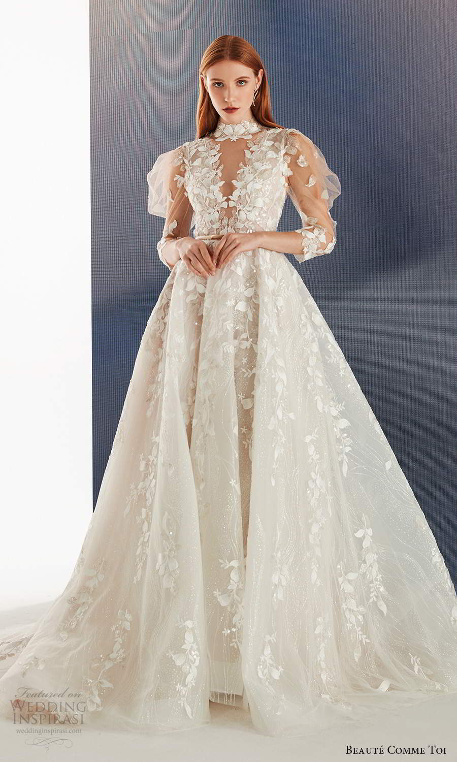 beaute comme toi fall 2021 bridal illusion puff sleeves high neckline cutout bodice fully embellished a line ball gown wedding dress chapel train (1) mv