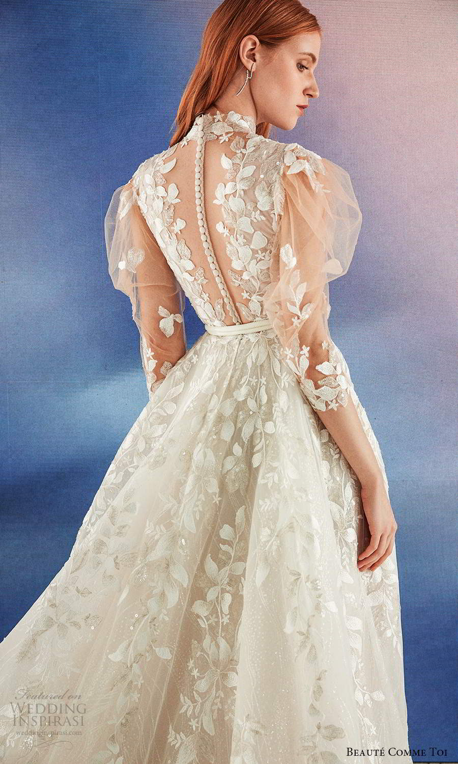 beaute comme toi fall 2021 bridal illusion puff sleeves high neckline cutout bodice fully embellished a line ball gown wedding dress chapel train (1) zbv