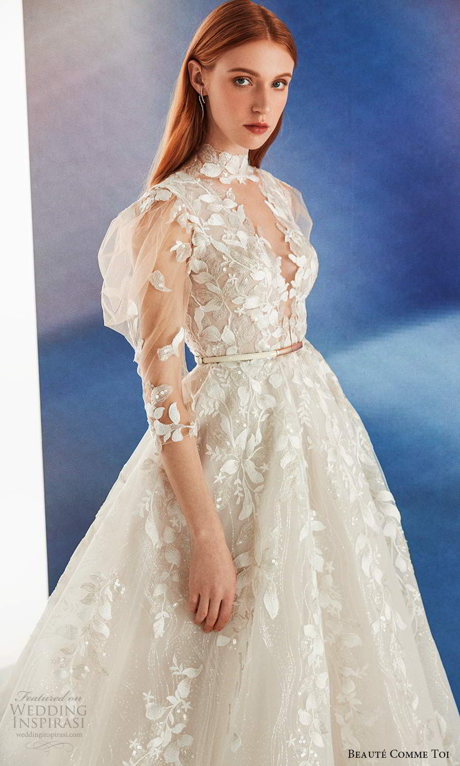 beaute comme toi fall 2021 bridal illusion puff sleeves high neckline cutout bodice fully embellished a line ball gown wedding dress chapel train (1) zv