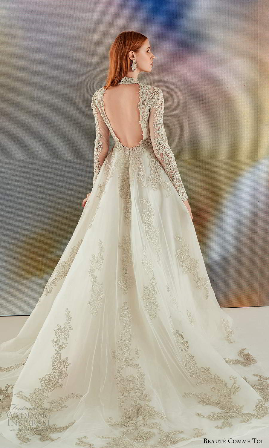 beaute comme toi fall 2021 bridal long sleeves high neckline fully embellished a line ball gown wedding dress chapel train gold keyhole back (2) bv