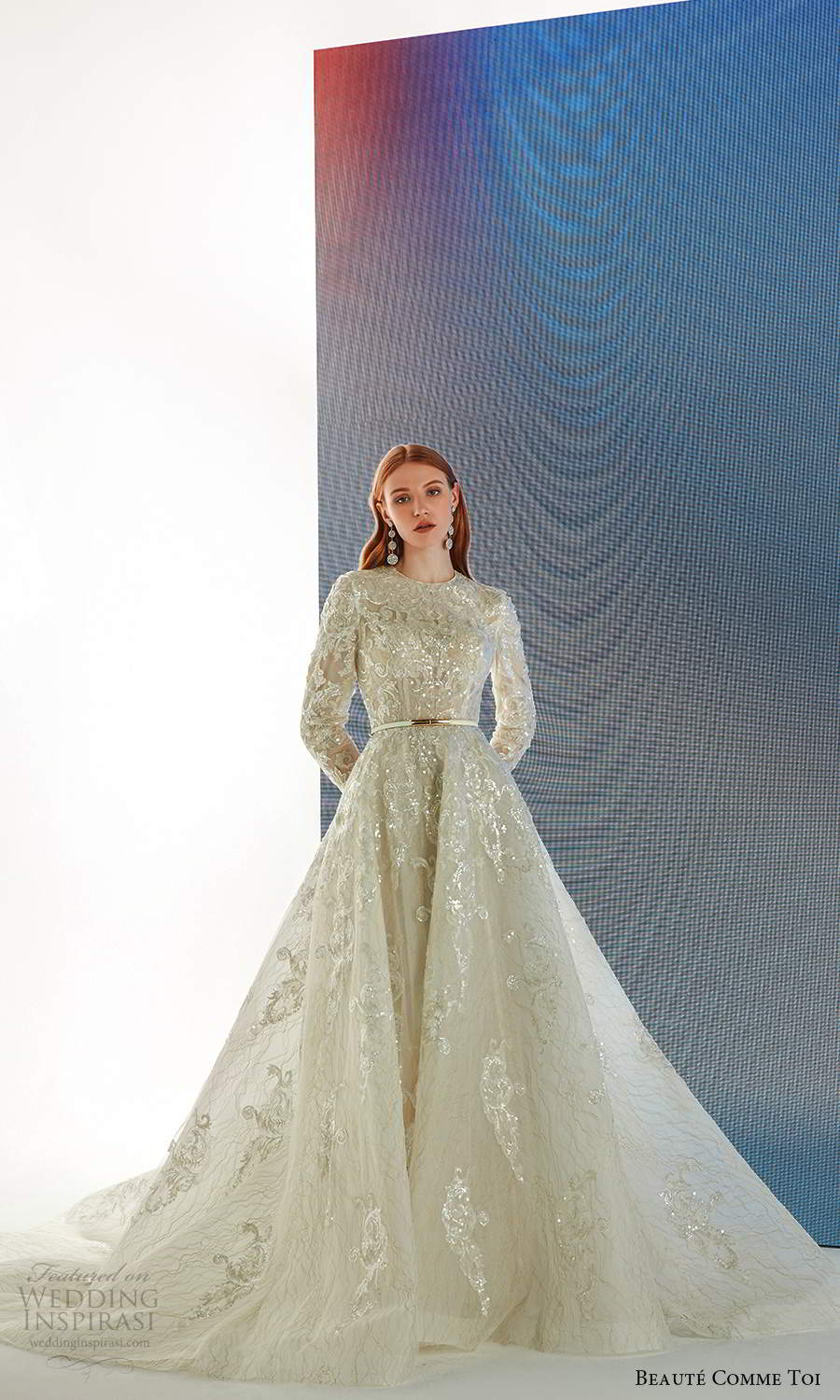 beaute comme toi fall 2021 bridal long sleeves jewel neckline fully embellished a line ball gown wedding dress chapel train (3) fv